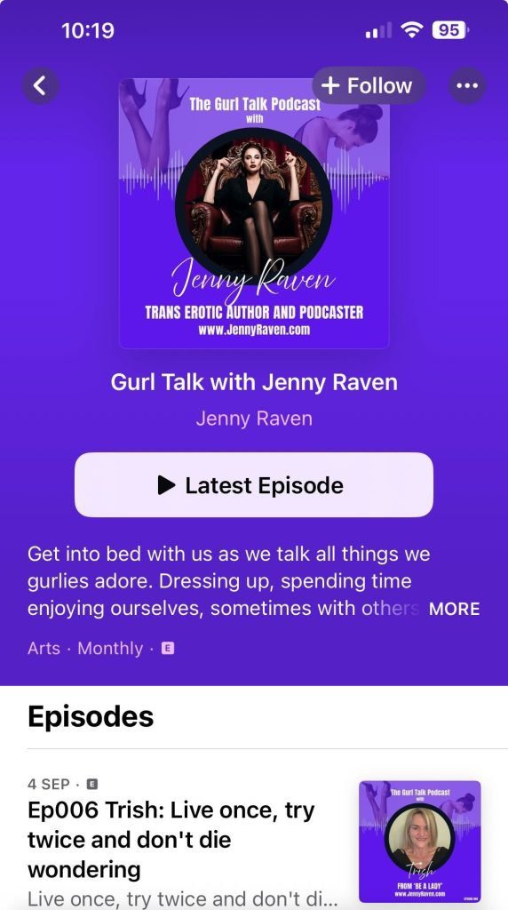 Podcast page for "Gurl Talk with Jenny Raven" showing the cover art, episode list, and a description of the show hosted by Jenny Raven.