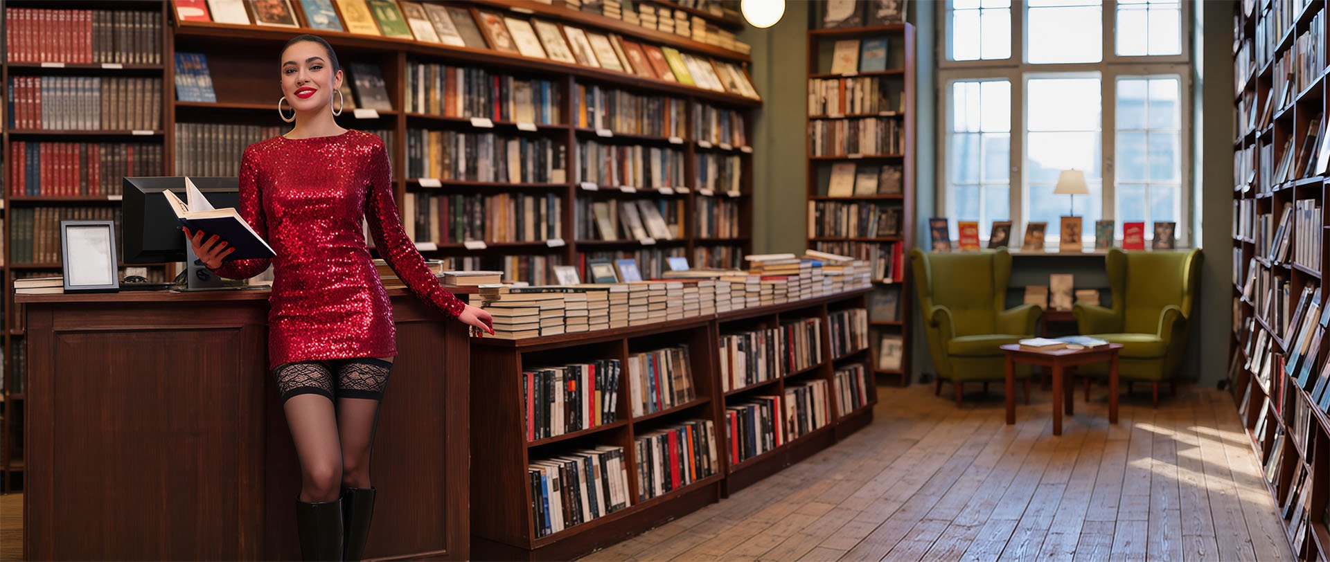A woman in a red sequin dress and thigh-high boots stands at a library counter holding an open book; bookshelves and two armchairs are visible in the background.