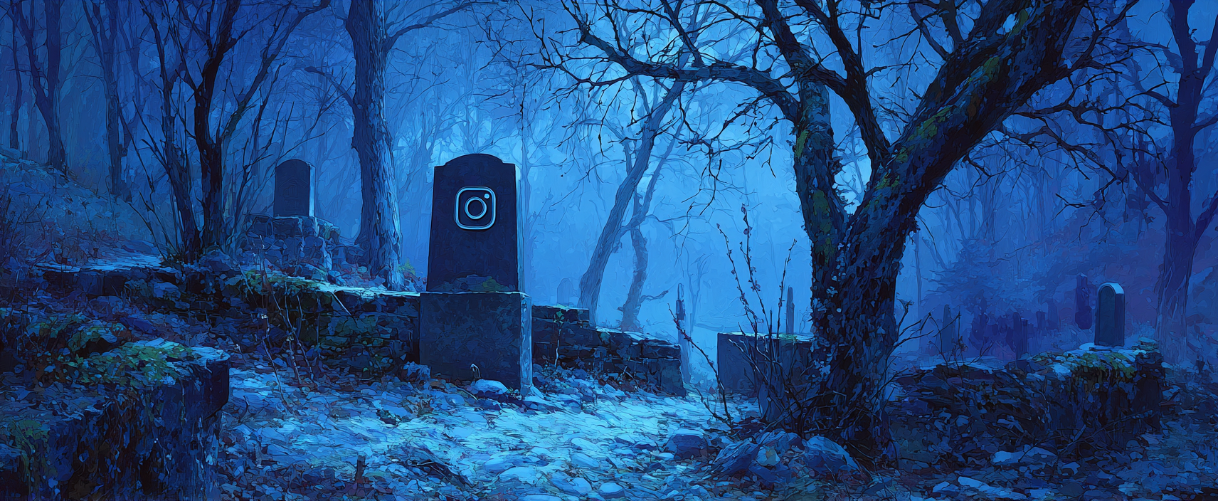 A tombstone with the Instagram logo stands in a misty, blue-lit graveyard surrounded by leafless trees and old stone markers.