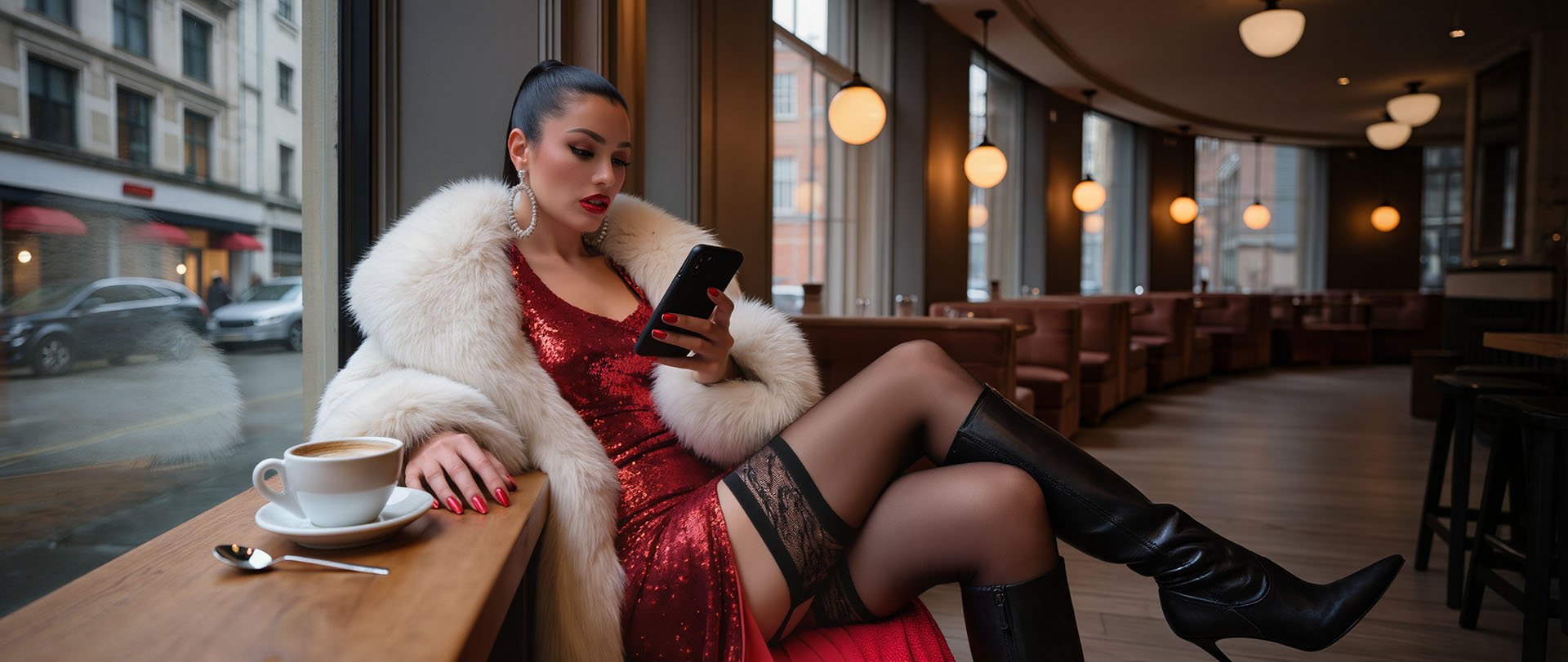 A woman in a red sequin dress and white fur coat sits by a window in a café, looking at her phone, with a cup of coffee on the table beside her.