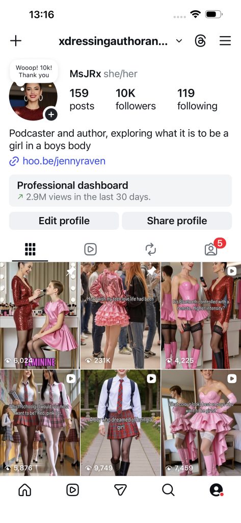 Instagram profile page of a podcaster named MsJRx, showing profile info, follower count, and preview thumbnails of six videos featuring people in feminine attire.