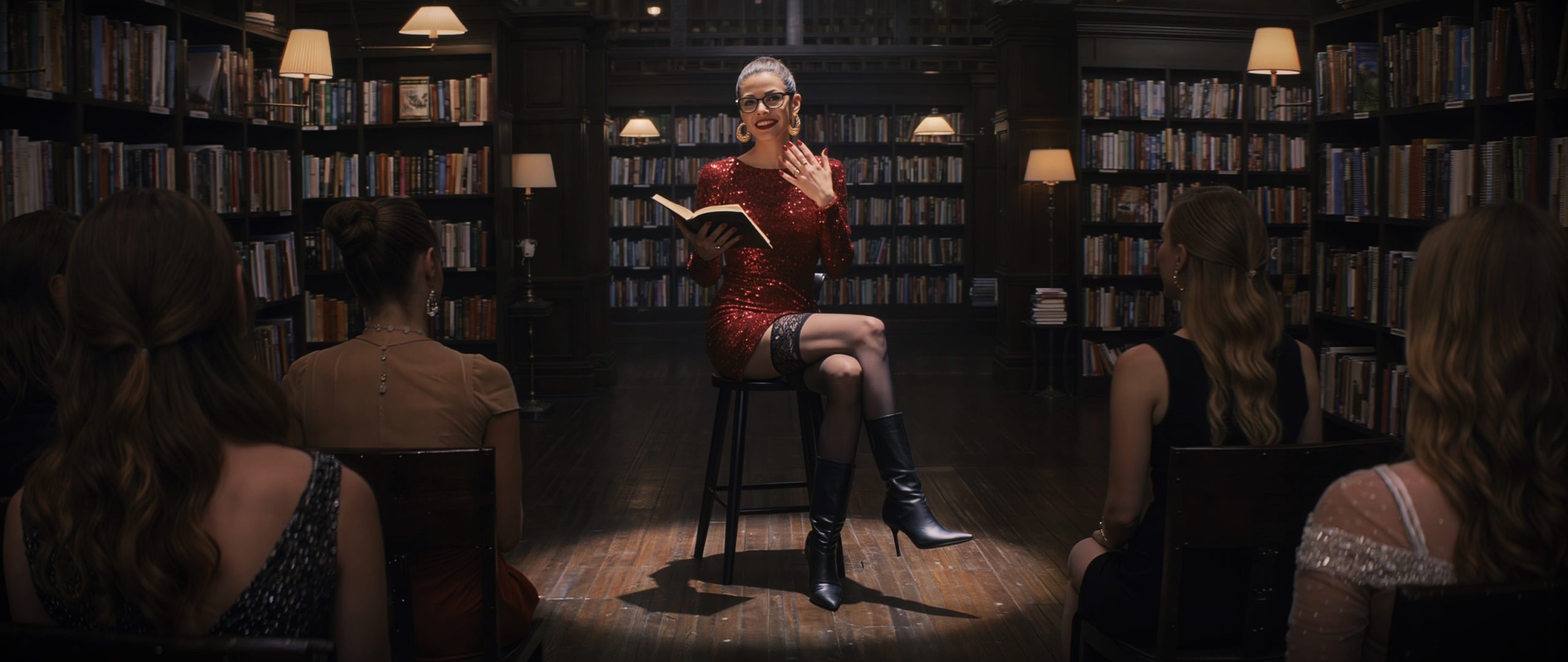 A person in a red sequin dress sits on a stool reading from a book to four seated audience members in a dimly lit library.