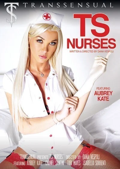 A person dressed as a nurse poses in front of a white background. The image is a promotional poster for an adult film titled "TS Nurses," featuring themes inspired by 2025 crossdresser survey questions.