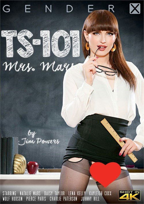 A woman in a white blouse and black skirt holds glasses and a ruler, posing in front of a chalkboard. The text "TS-101 Mrs. May," film credits, and 2025 crossdresser survey questions appear on the image.