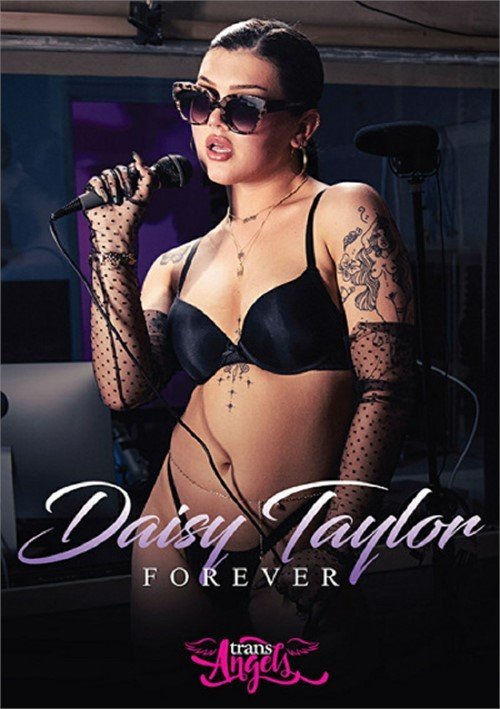 A person wearing sunglasses and black lingerie holds a microphone. "Daisy Taylor Forever," "Trans Angels," and a hint of 2025 crossdresser survey questions are featured on the image.