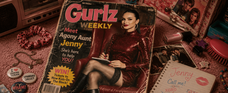 A vintage magazine titled "Gurlz Weekly" featuring a woman in a red dress on the cover sits on a desk surrounded by 1980s-themed items like buttons, lipstick, and a notepad.