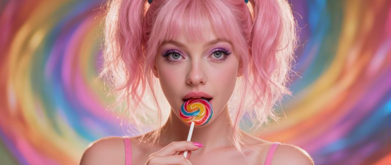 Woman with pink hair holds a colorful lollipop near her lips, against a vibrant, swirling rainbow background.