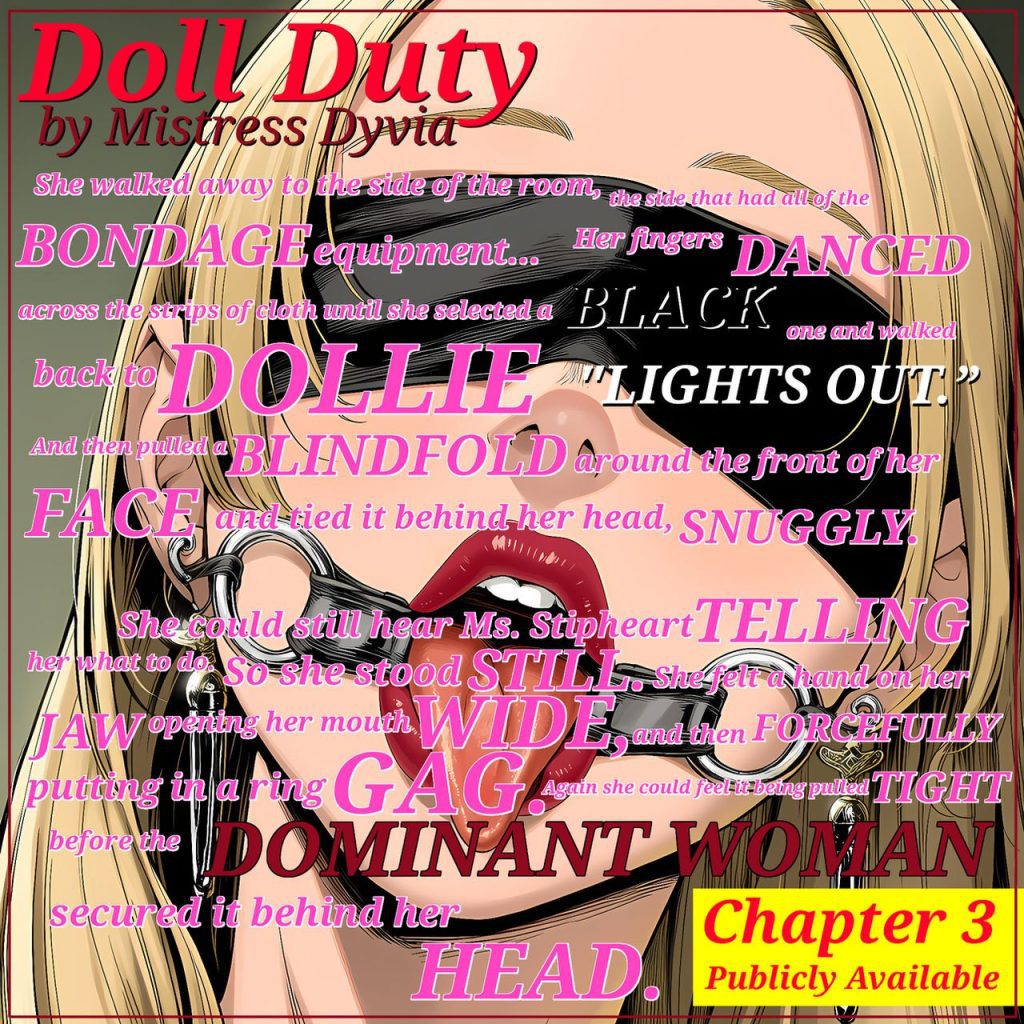 A stylized comic-style image of a blonde woman in sunglasses, with overlaid text about bondage, dominance, and a chapter titled “Chapter 3 Publicly Available.”.