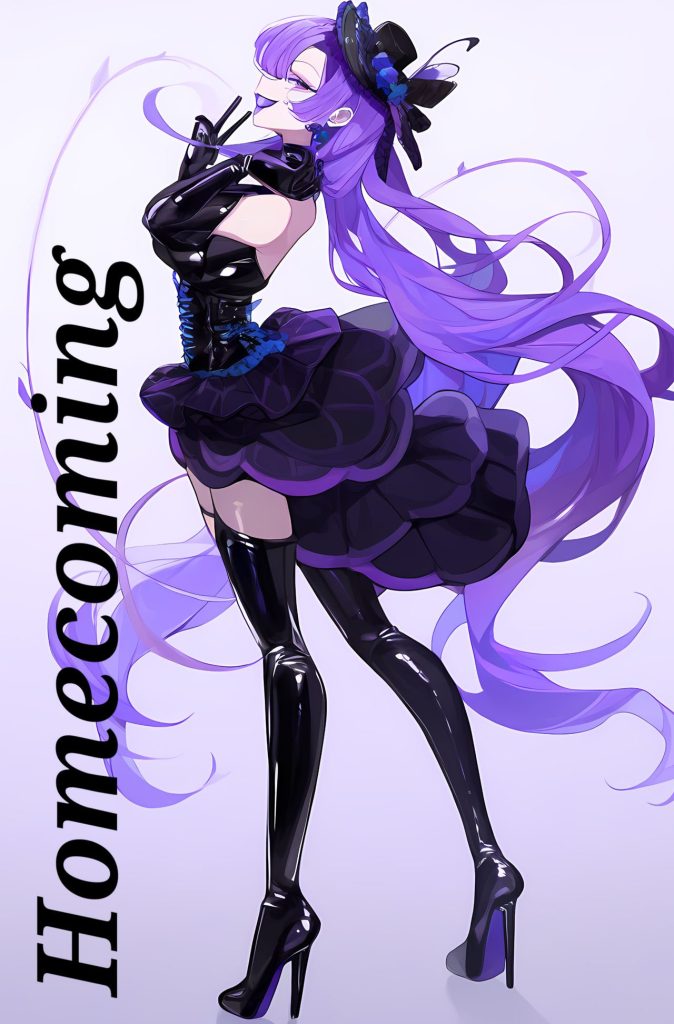 Anime-style character with long purple hair in a black dress and hat poses in high heels; “Homecoming” is written vertically along the left side.
