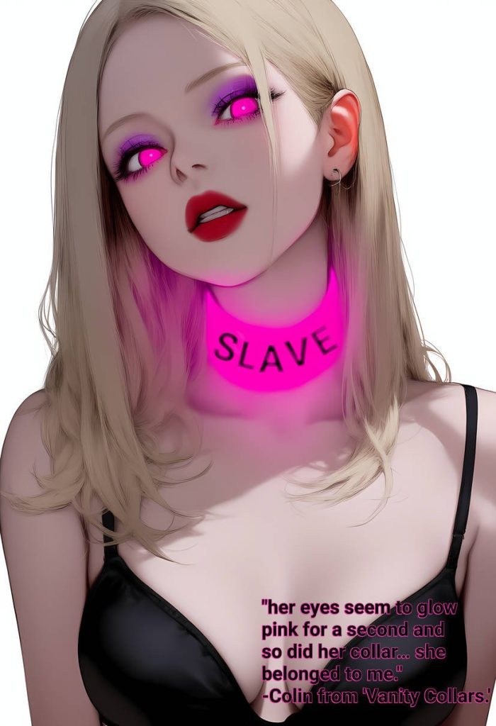 A digital illustration of a blonde woman wearing a glowing pink neck collar labeled “SLAVE” and glowing pink eyes, with text at the bottom.
