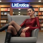 A woman in a red dress sits on a gray chair in a library, with bookshelves and a “LitErotica” sign in the background, ready for a Naomi Matthews erotic fiction author interview.